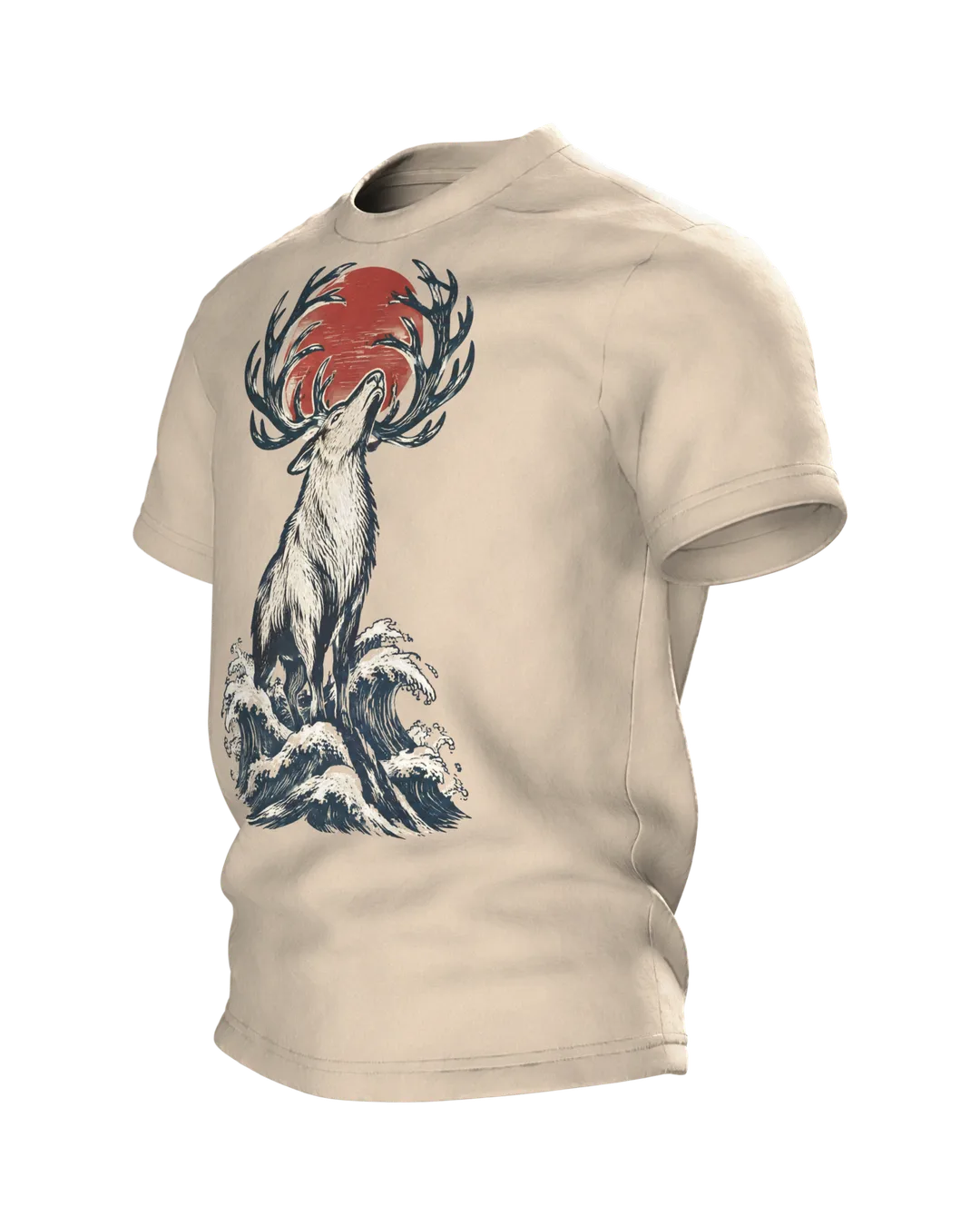 Rentier im japanischen Holzschnitt-Stil, T-Shirt mit Druck vorn, hinten und auf beiden Ärmeln, Seitenansicht rechts