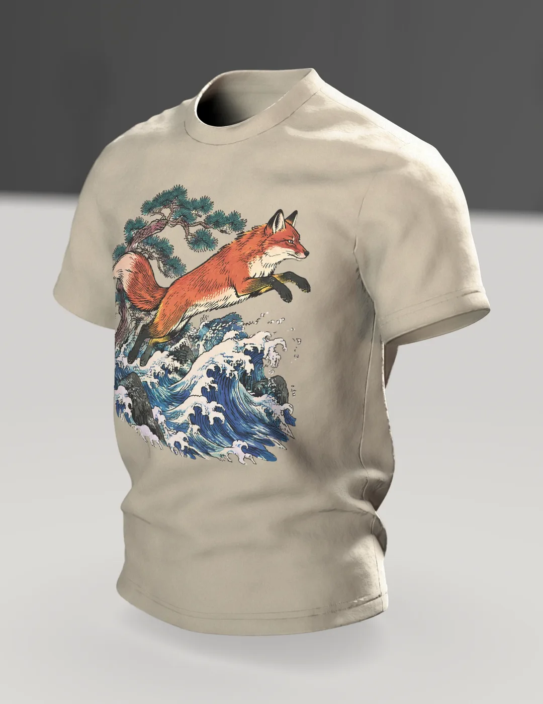 Ukiyo-e Fox T-Shirt: Leap over the Wave, In context, angled
