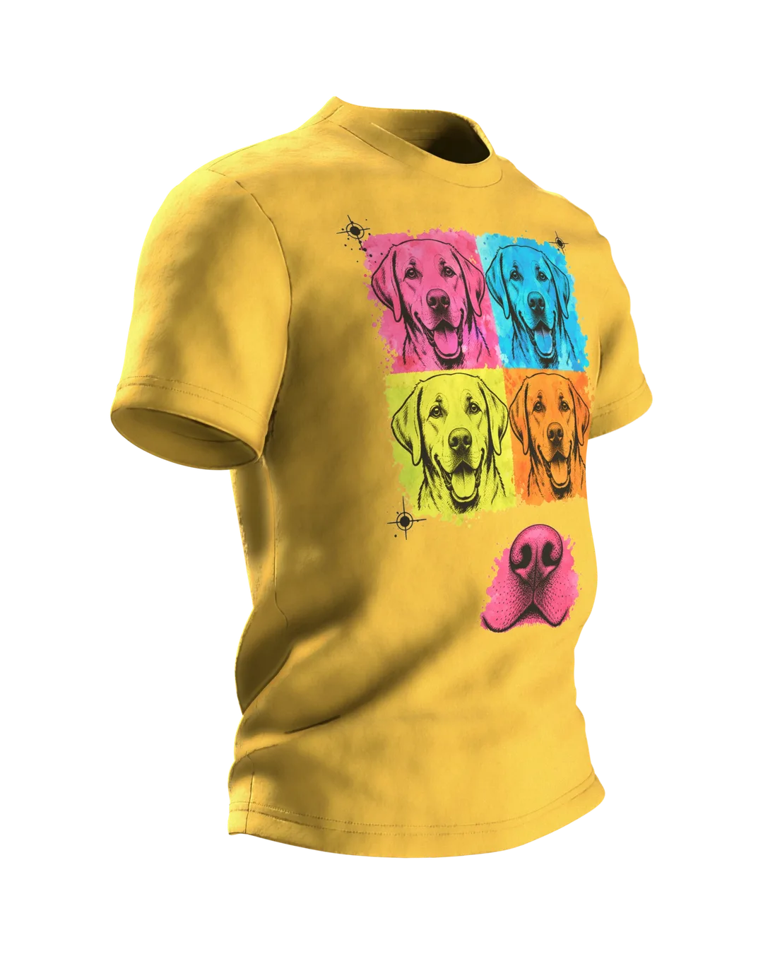 Labrador T-Shirt, Pop-Art Vierfach-Porträt mit rosa Schnauzen-Rücken, Seitenansicht links