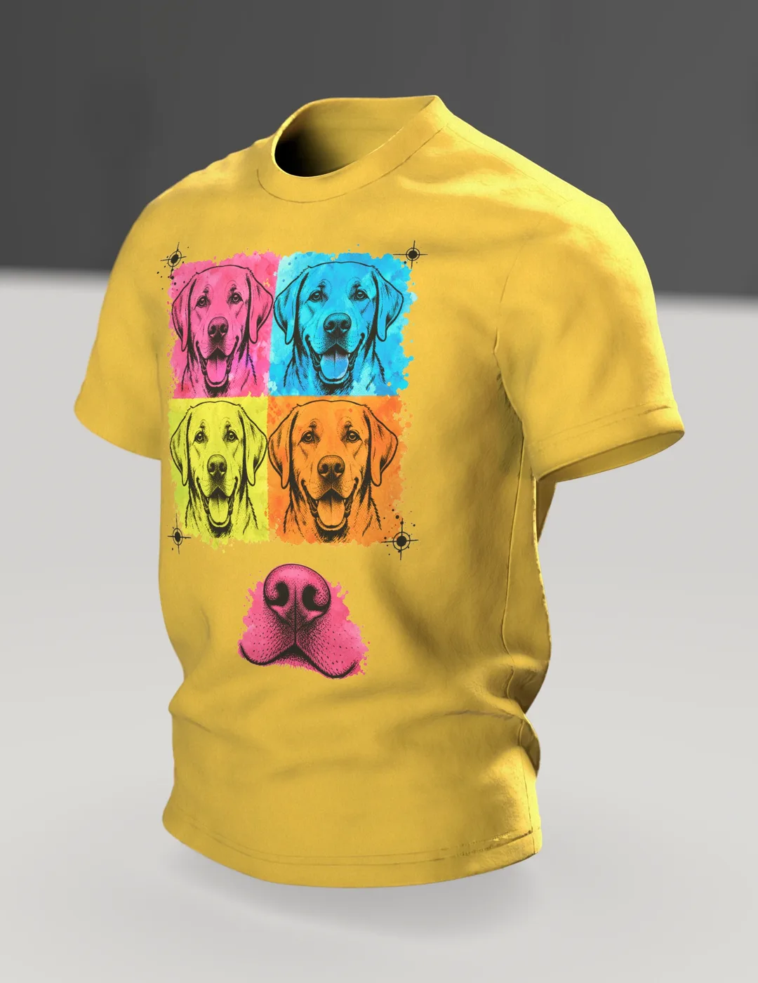 Labrador T-Shirt, Pop-Art Vierfach-Porträt mit rosa Schnauzen-Rücken, Im Raum, schräg