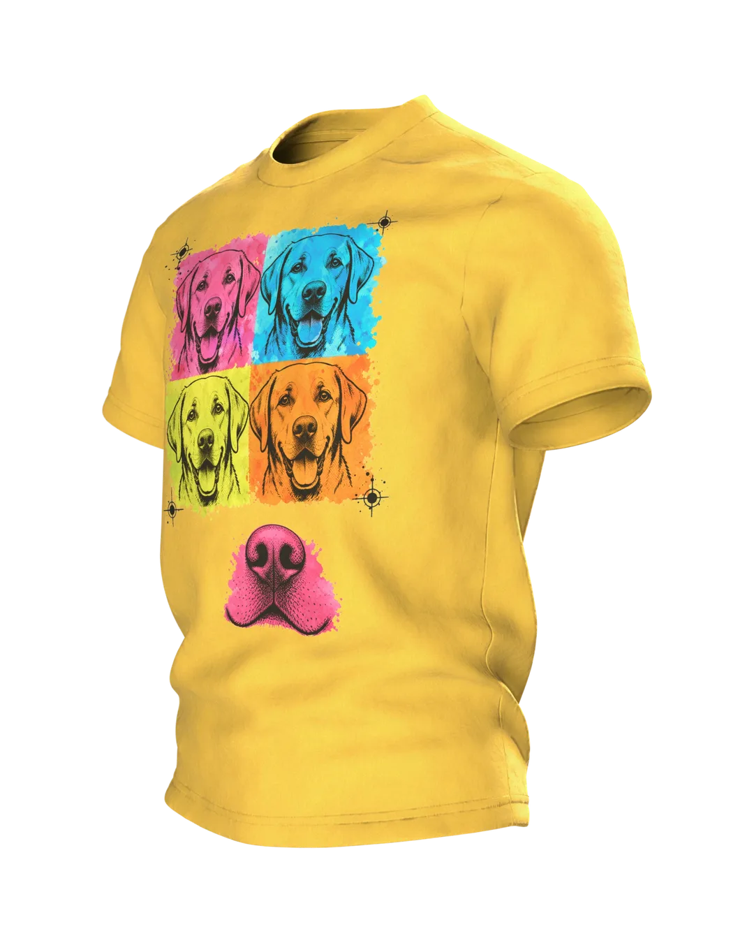 Labrador T-Shirt, Pop-Art Vierfach-Porträt mit rosa Schnauzen-Rücken, Seitenansicht rechts