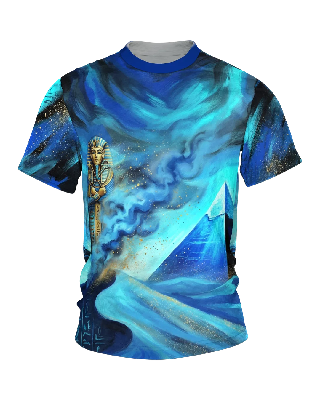 Pharaoh Pyramid T-shirt, Sarcophagus and Sphinx in a Blue Desert Night
