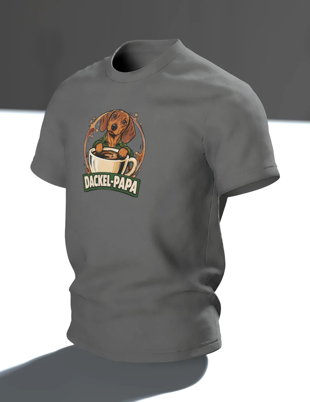 Dachshund Dad Shirt “DACKEL-PAPA”: Dog in Plaid Flannel with Coffee Mug, Comic Front and Back, Gift for Dog Owners, In context, angled
