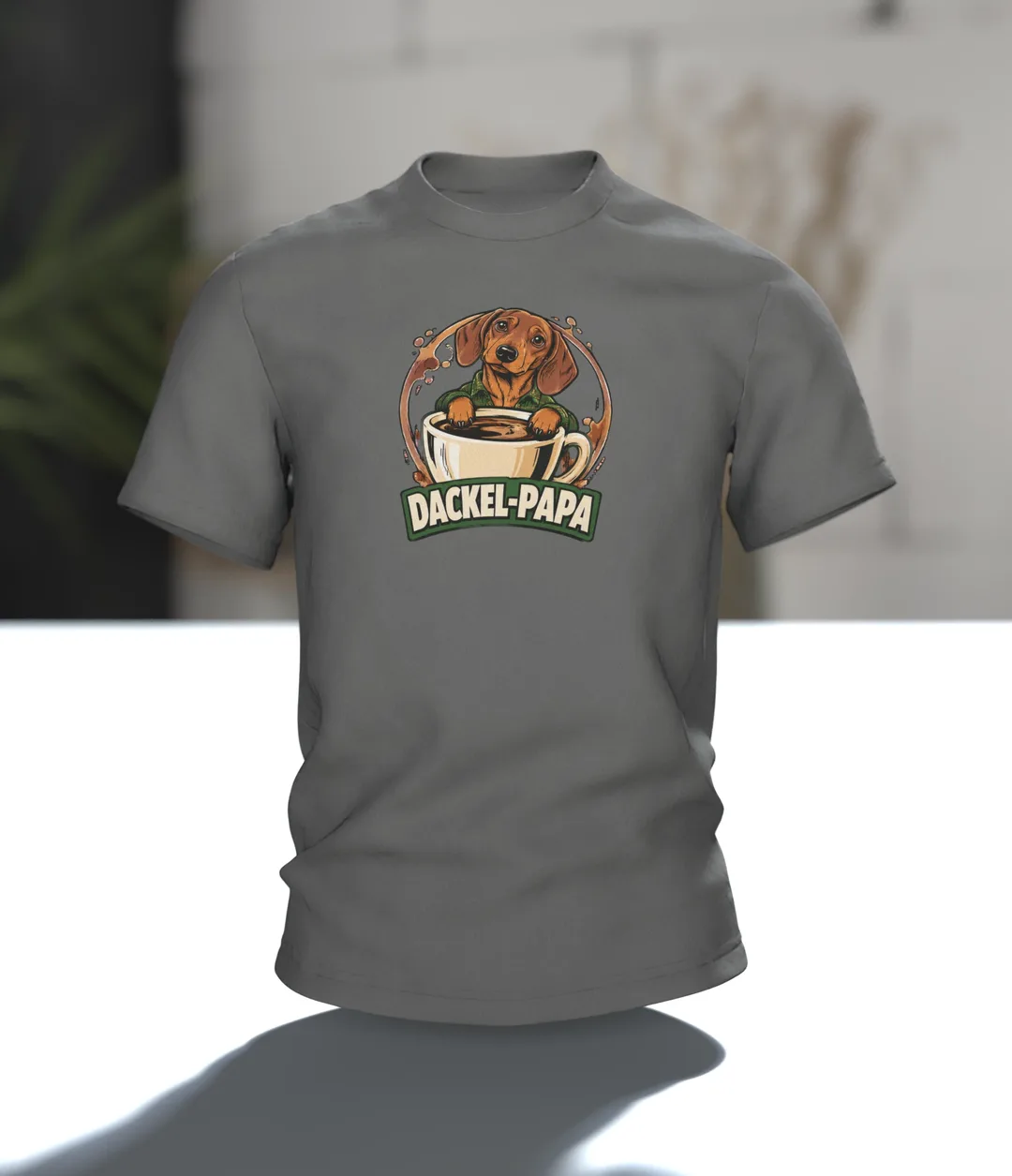 Dachshund Dad Shirt “DACKEL-PAPA”: Dog in Plaid Flannel with Coffee Mug, Comic Front and Back, Gift for Dog Owners, In context