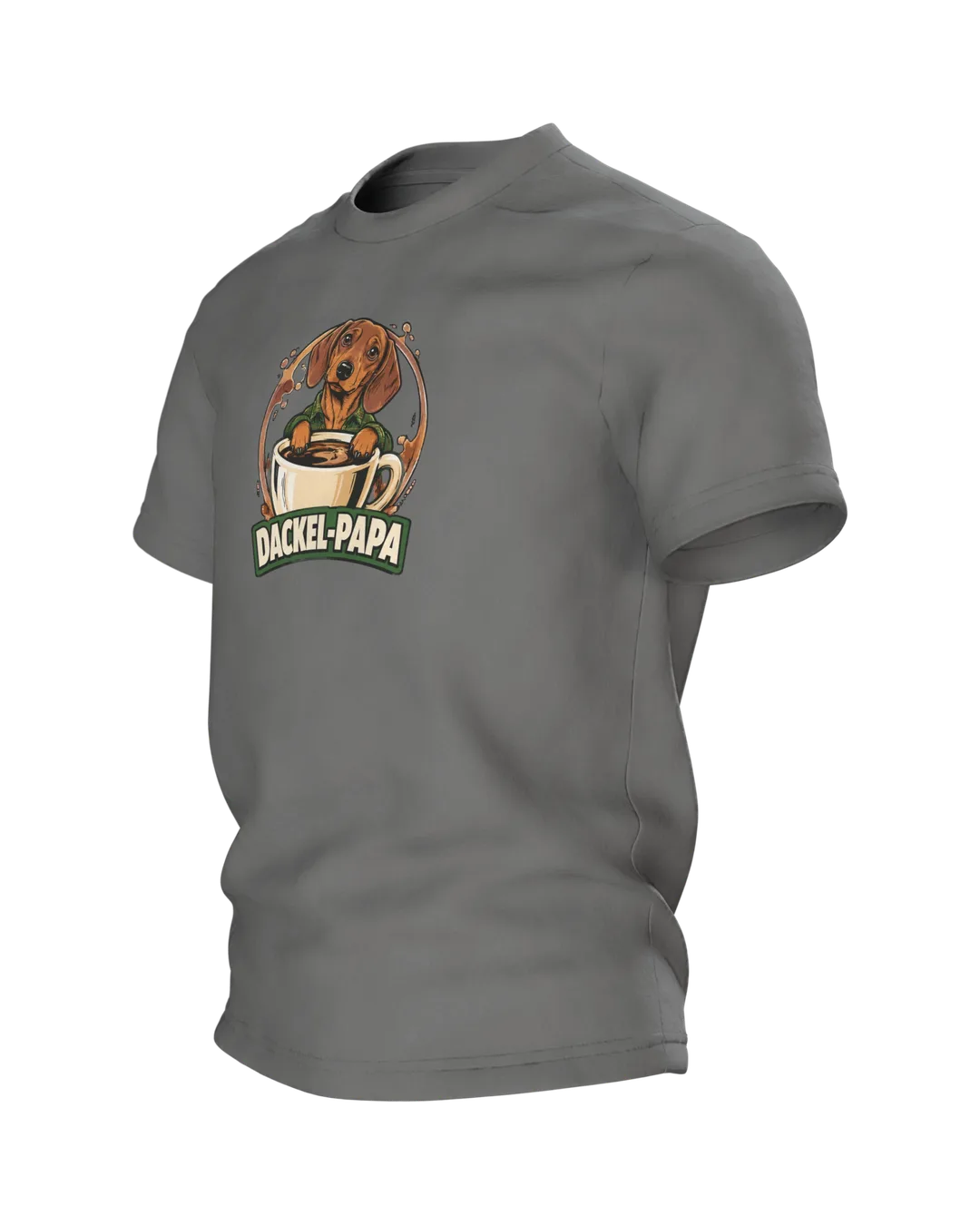 Dachshund Dad Shirt “DACKEL-PAPA”: Dog in Plaid Flannel with Coffee Mug, Comic Front and Back, Gift for Dog Owners, Side view, right