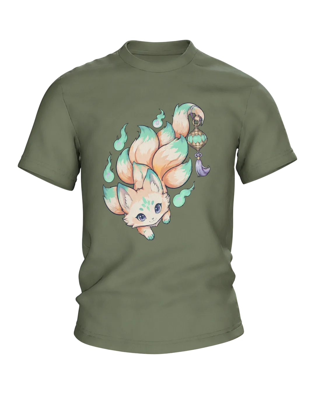 Kitsune Anime T-Shirt: Chibi Fuchsgeist mit Laterne
