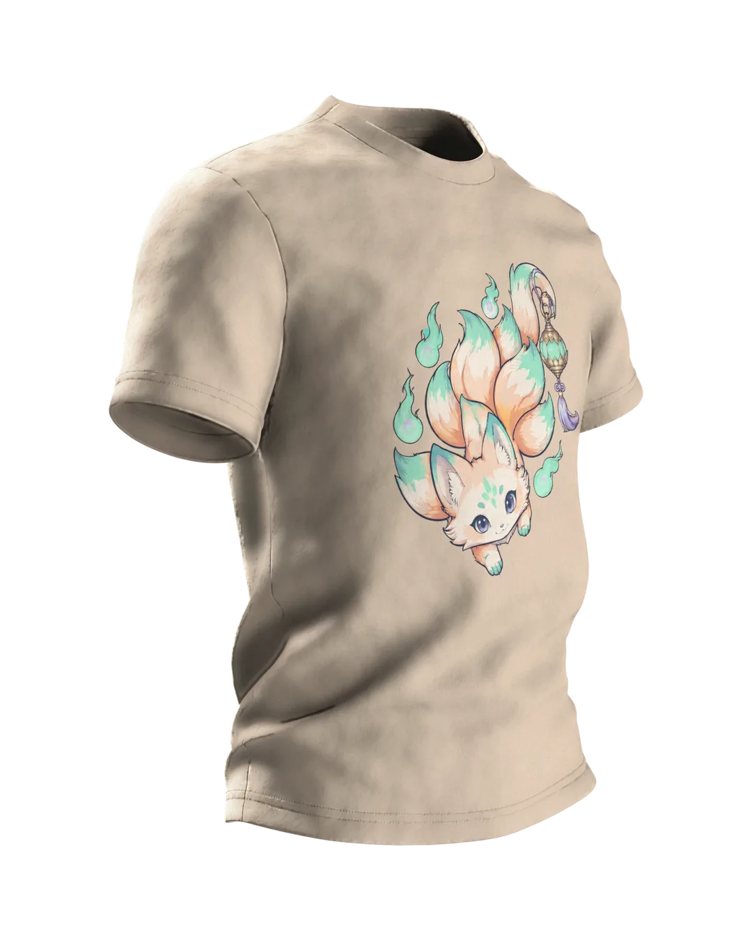 Kitsune Anime T-Shirt: Chibi Fox Spirit with Lantern, Side view, left