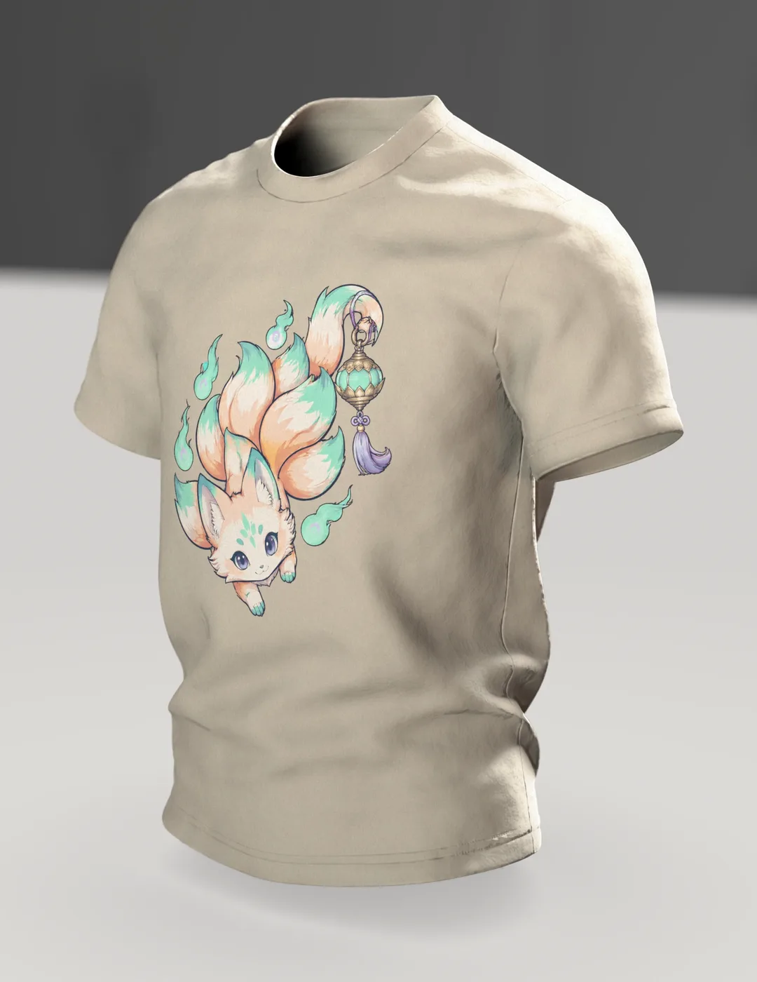 Kitsune Anime T-Shirt: Chibi Fox Spirit with Lantern, In context, angled