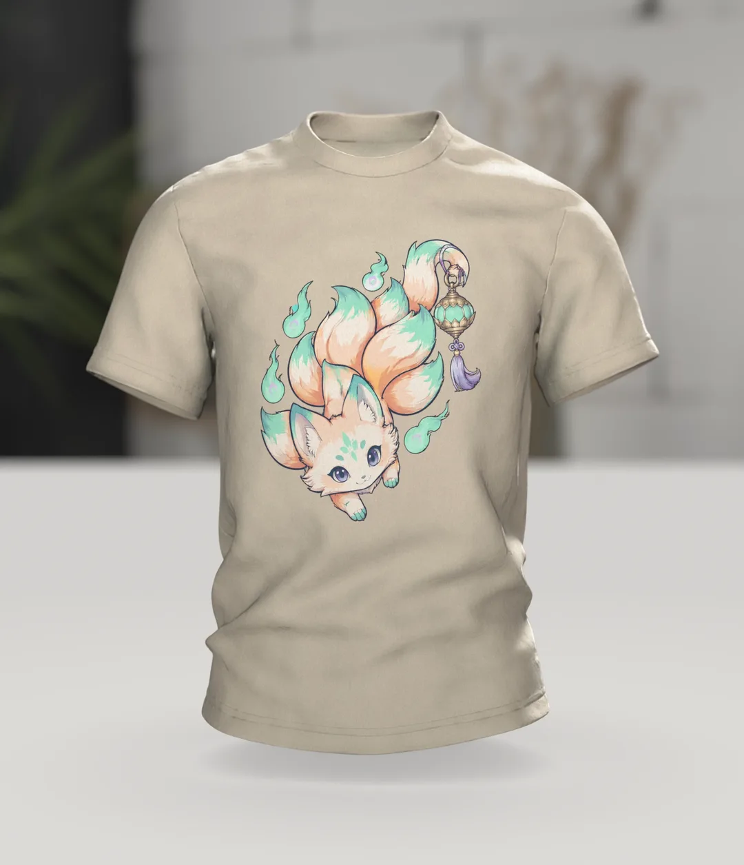 Kitsune Anime T-Shirt: Chibi Fox Spirit with Lantern, In context