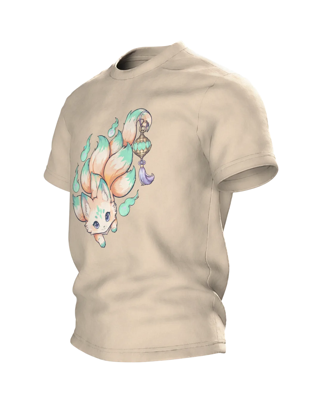 Kitsune Anime T-Shirt: Chibi Fox Spirit with Lantern, Side view, right