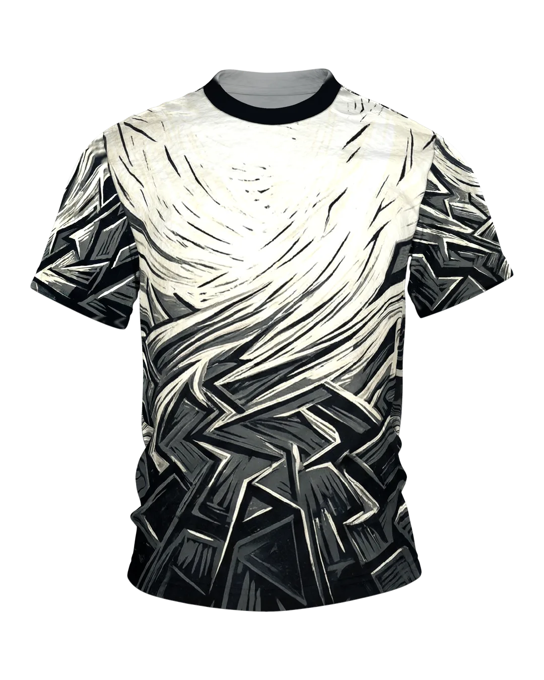 Shattered Octagon T-shirt, Woodcut in Black, Gray and Cream, Splinter Field on the Front, Spiral on the Back
