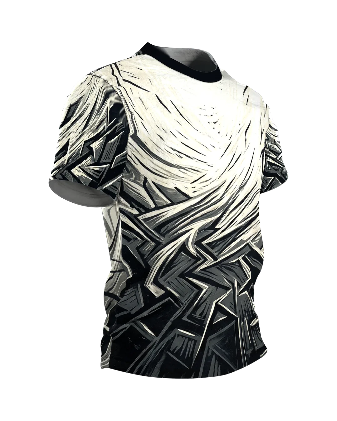 Shattered Octagon T-shirt, Woodcut in Black, Gray and Cream, Splinter Field on the Front, Spiral on the Back, Side view, left