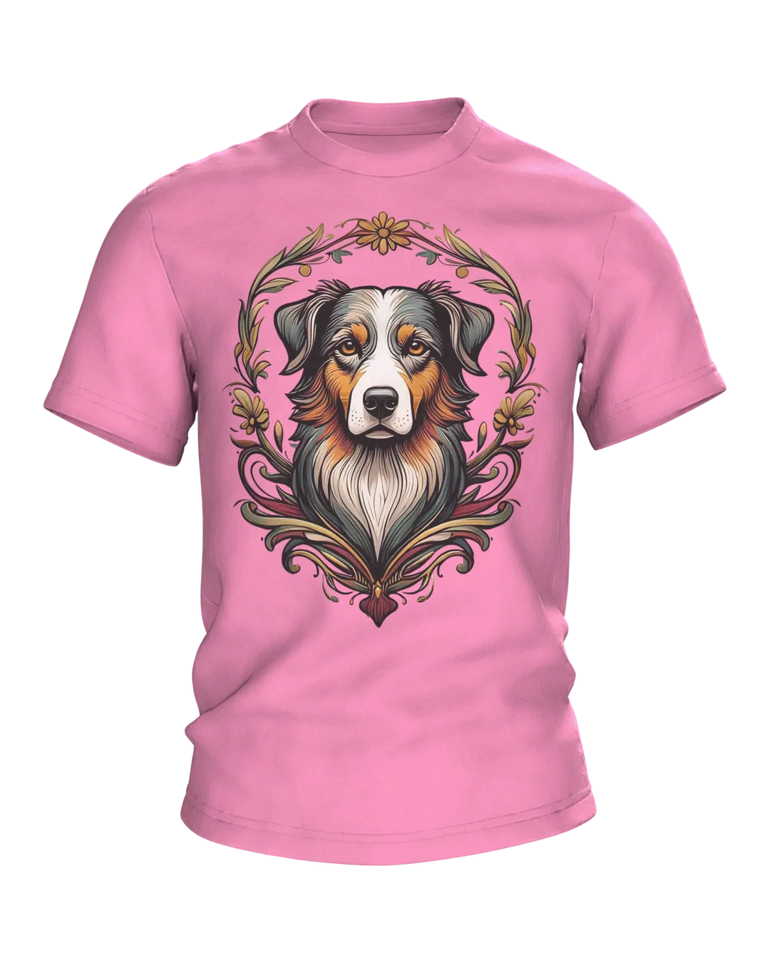 Australian Shepherd T-shirt, Portrait in an Art Nouveau Wreath with Sun on the Back