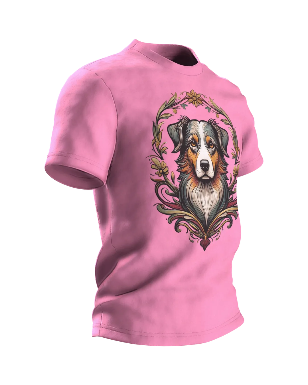 Australian Shepherd T-shirt, Portrait in an Art Nouveau Wreath with Sun on the Back, Side view, left