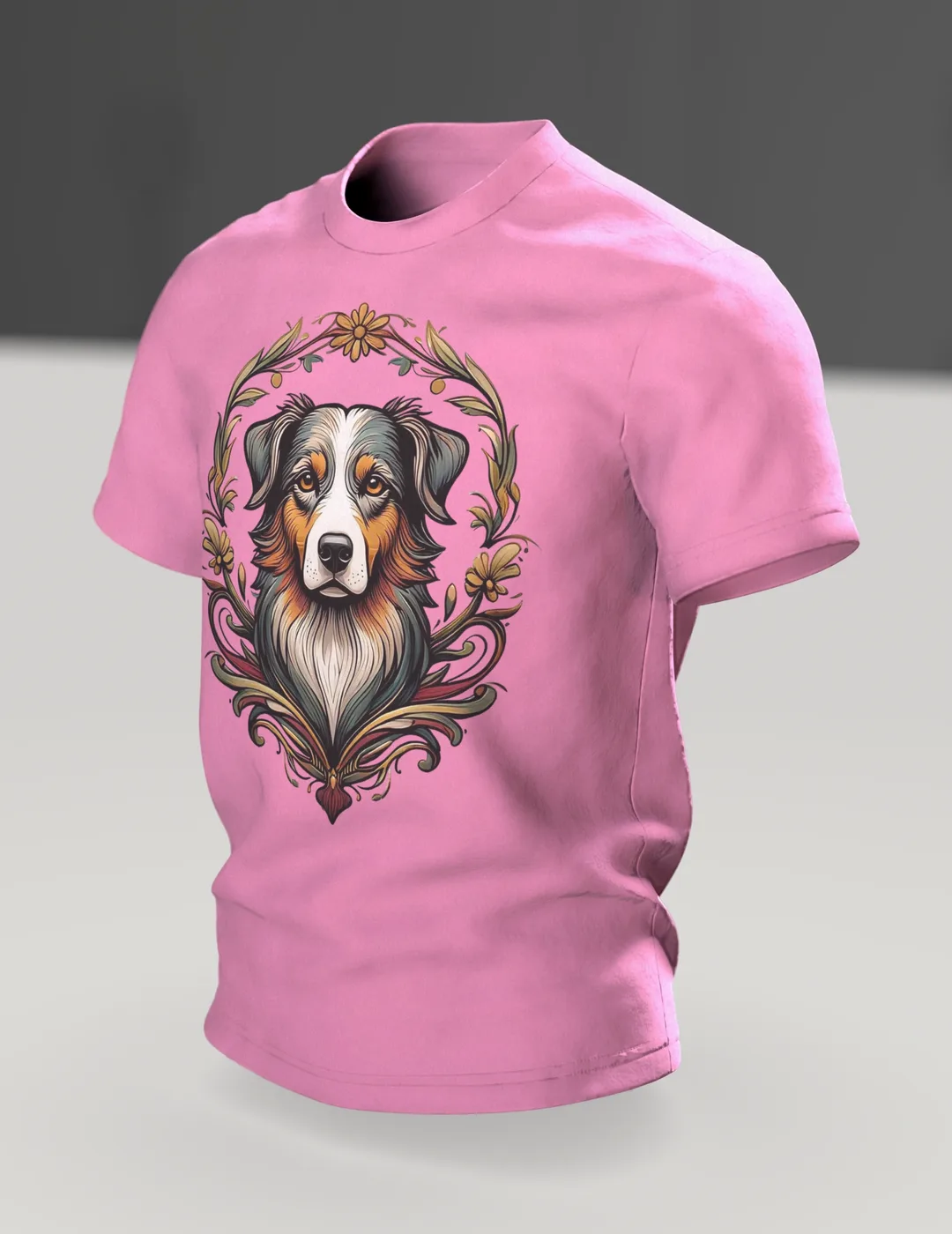 Australian Shepherd T-shirt, Portrait in an Art Nouveau Wreath with Sun on the Back, In context, angled