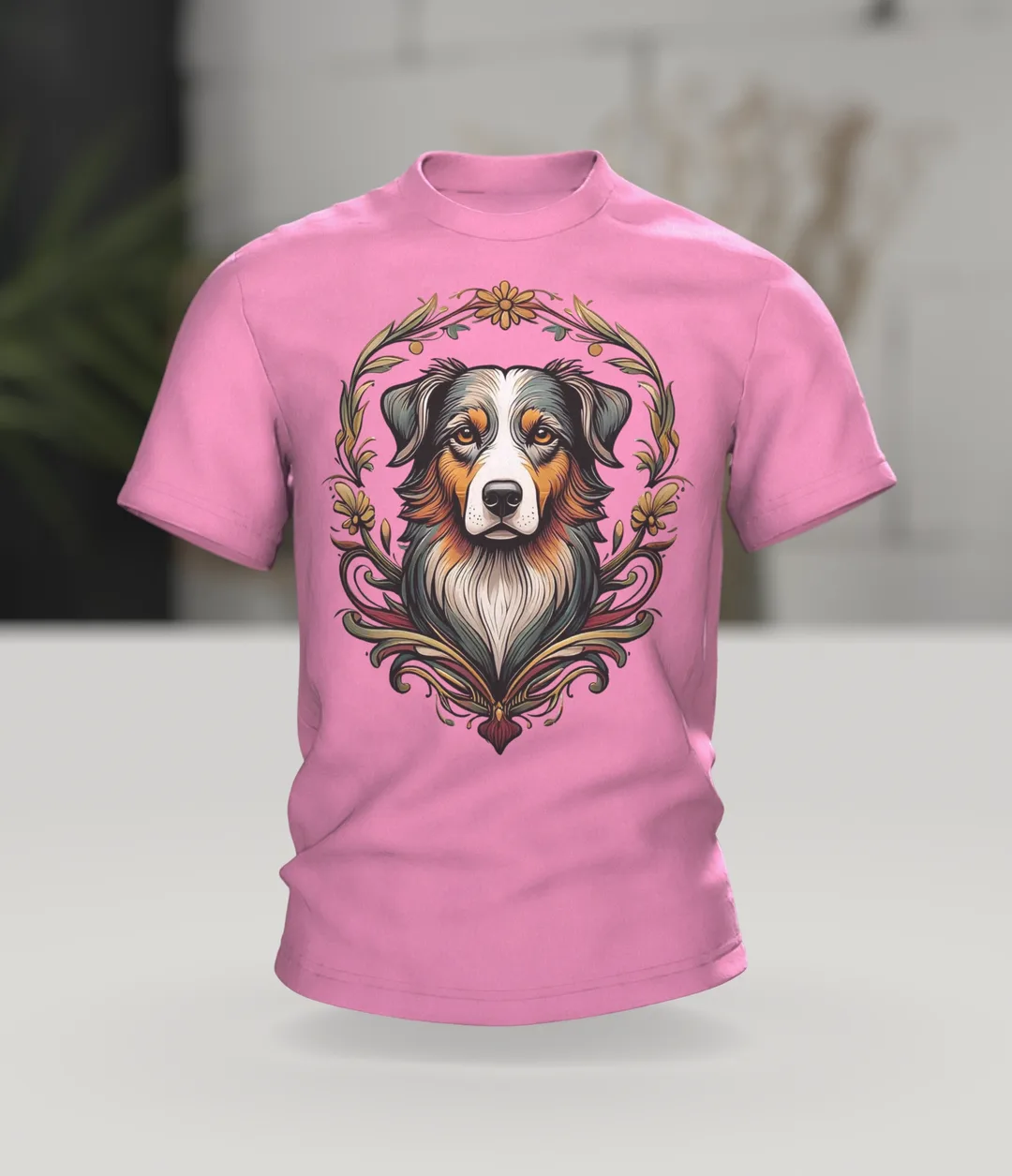 Australian Shepherd T-shirt, Portrait in an Art Nouveau Wreath with Sun on the Back, In context