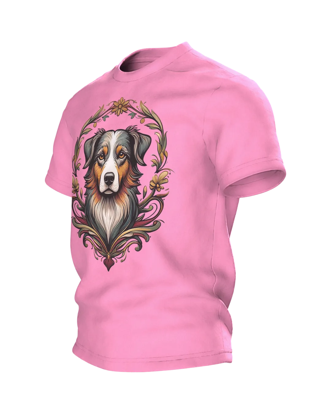 Australian Shepherd T-shirt, Portrait in an Art Nouveau Wreath with Sun on the Back, Side view, right