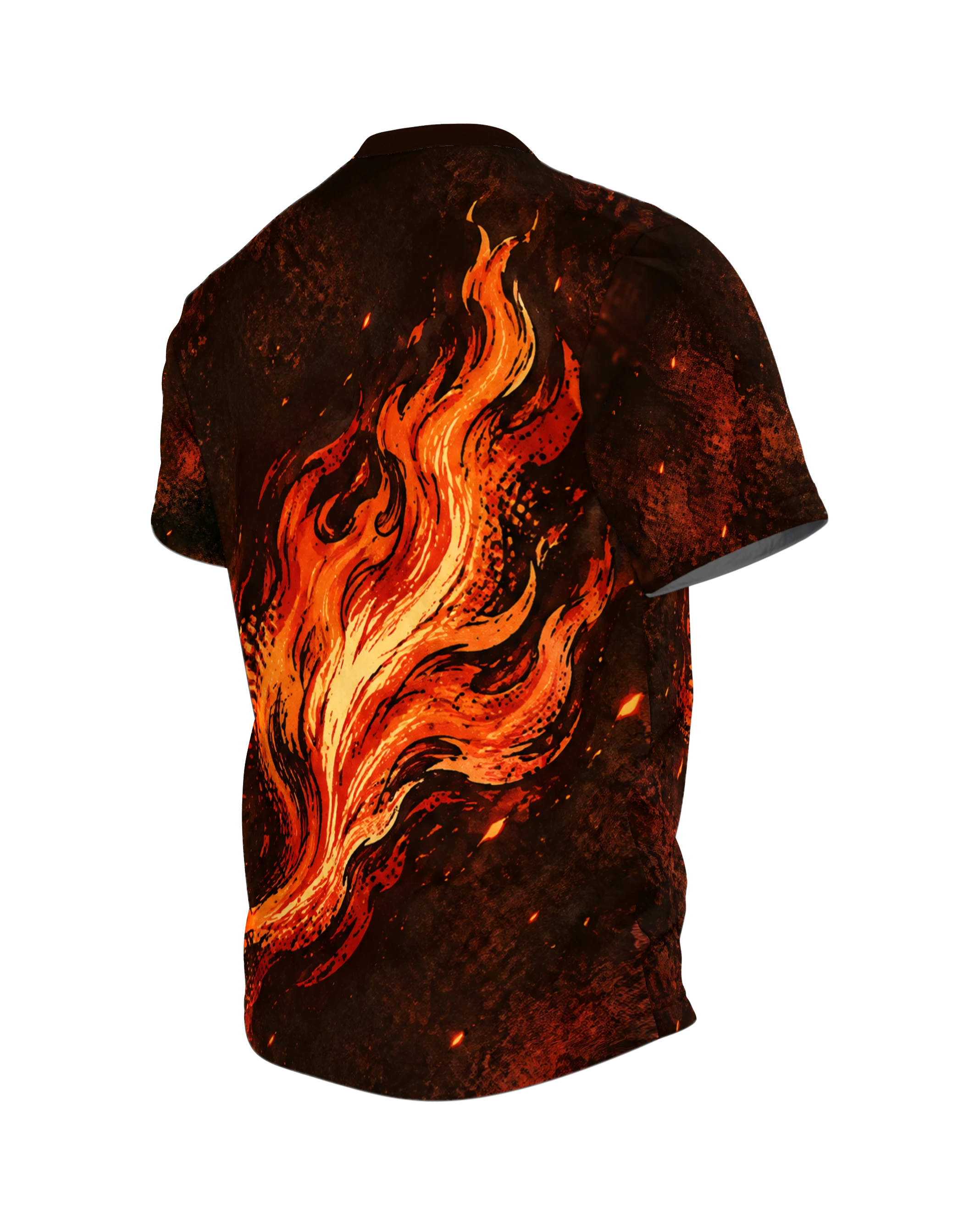 Firefighter Shirt with Flames: Helmet and Axes, Back, angled left