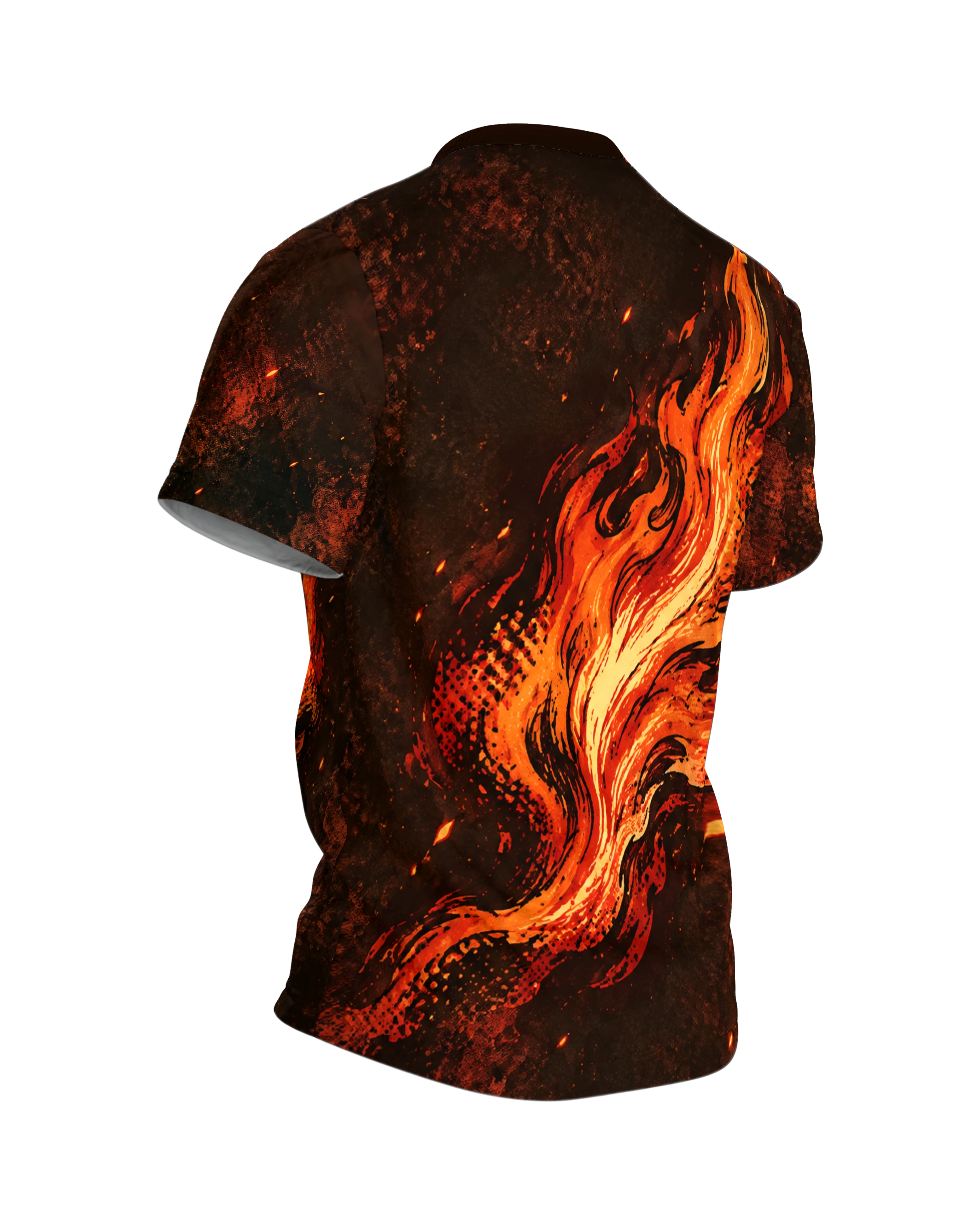 Firefighter Shirt with Flames: Helmet and Axes, Back, angled right