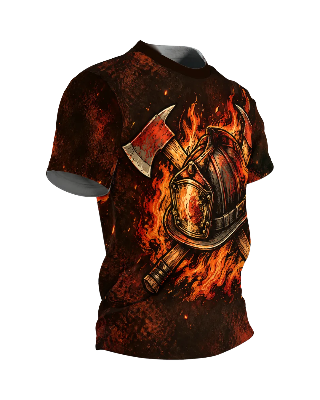 Firefighter Shirt with Flames: Helmet and Axes, Side view, left