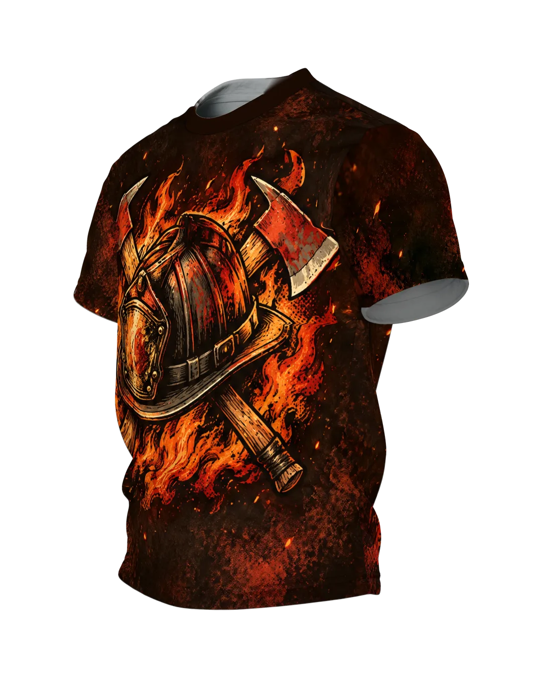 Firefighter Shirt with Flames: Helmet and Axes, Side view, right