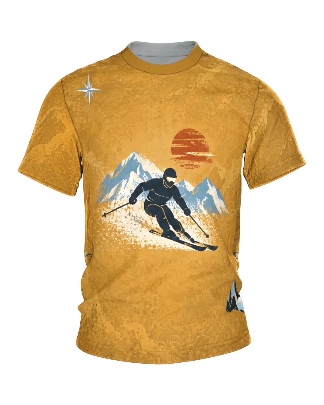 Retro Skier Alpine Panorama T-Shirt: ochre yellow with ice blue mountains and a red sun, crossed skis on the back, printed all over