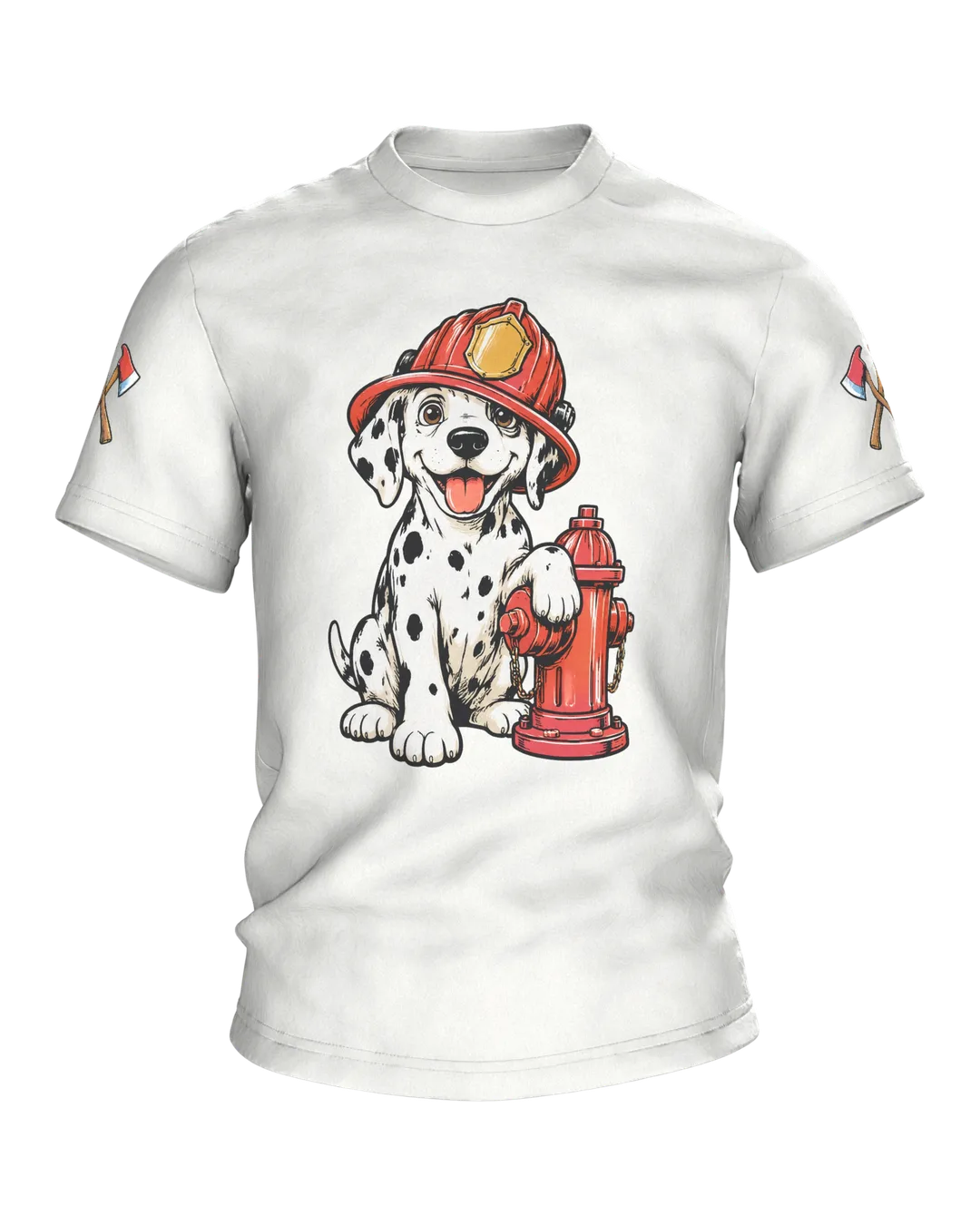 Dalmatian Firefighter T-Shirt: Puppy with Helmet and Hydrant