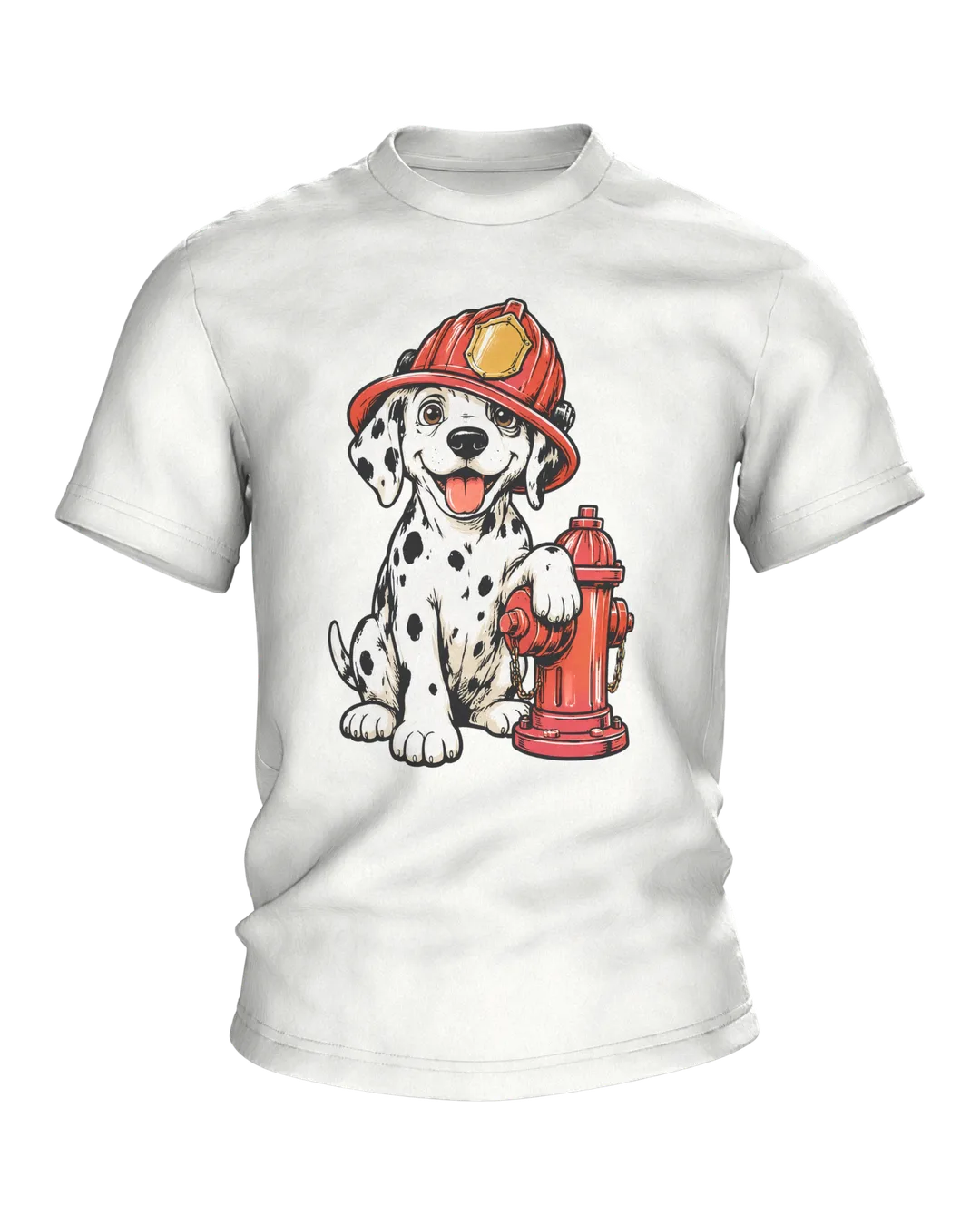 Dalmatian Firefighter T-Shirt: Puppy with Helmet and Hydrant
