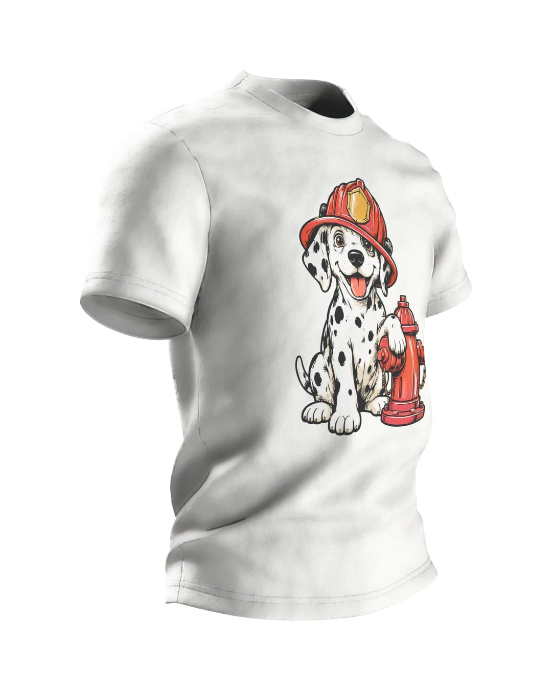 Dalmatian Firefighter T-Shirt: Puppy with Helmet and Hydrant, Side view, left