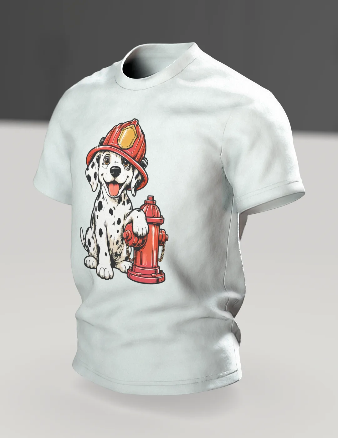 Dalmatian Firefighter T-Shirt: Puppy with Helmet and Hydrant, In context, angled