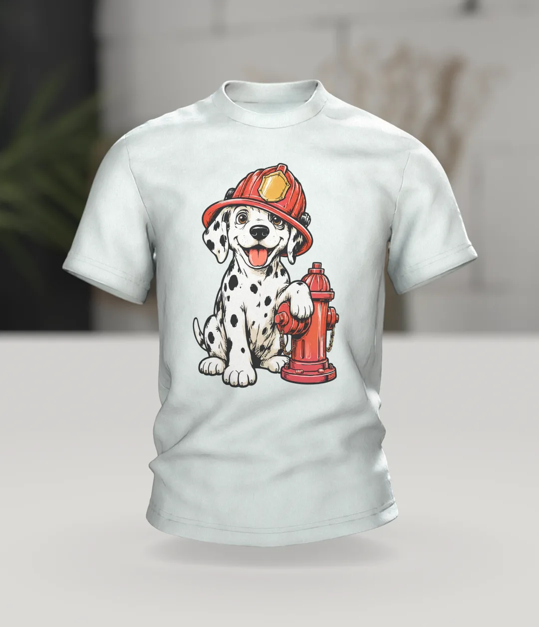 Dalmatian Firefighter T-Shirt: Puppy with Helmet and Hydrant, In context