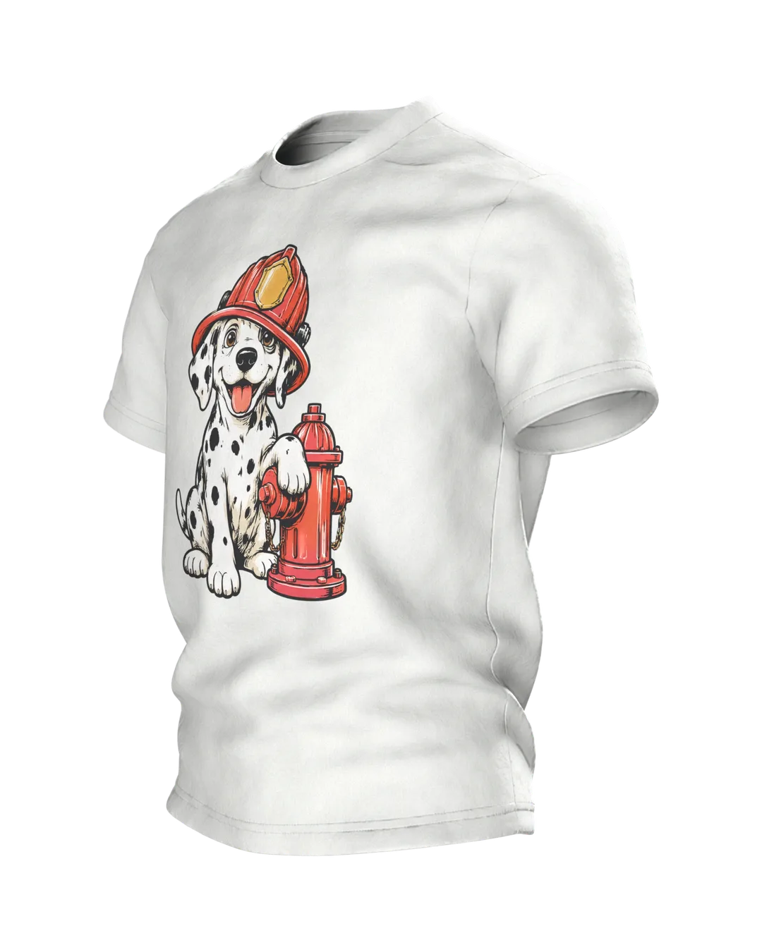 Dalmatian Firefighter T-Shirt: Puppy with Helmet and Hydrant, Side view, right