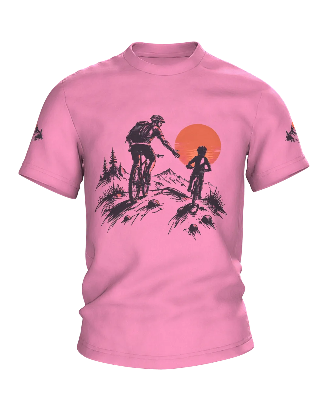 Mountain Bike Shirt: Father and Child Biking Under a Giant Sun, Ink Silhouette Gift for Dad