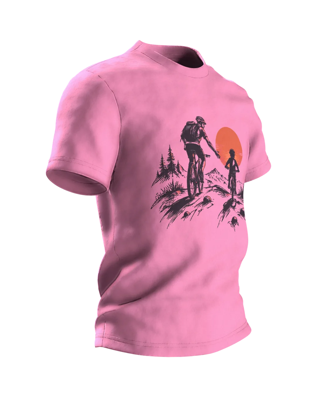 Mountainbiker T-Shirt: Vater und Kind auf Mountainbikes vor großer Sonne, Tusche-Silhouette als Geschenk für Papa, Seitenansicht links