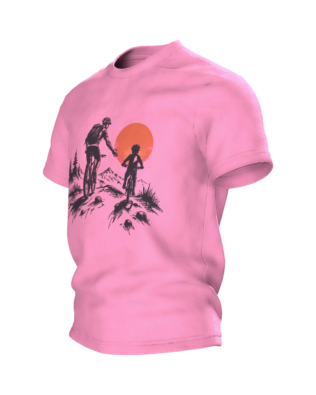 Mountainbiker T-Shirt: Vater und Kind auf Mountainbikes vor großer Sonne, Tusche-Silhouette als Geschenk für Papa, Seitenansicht rechts