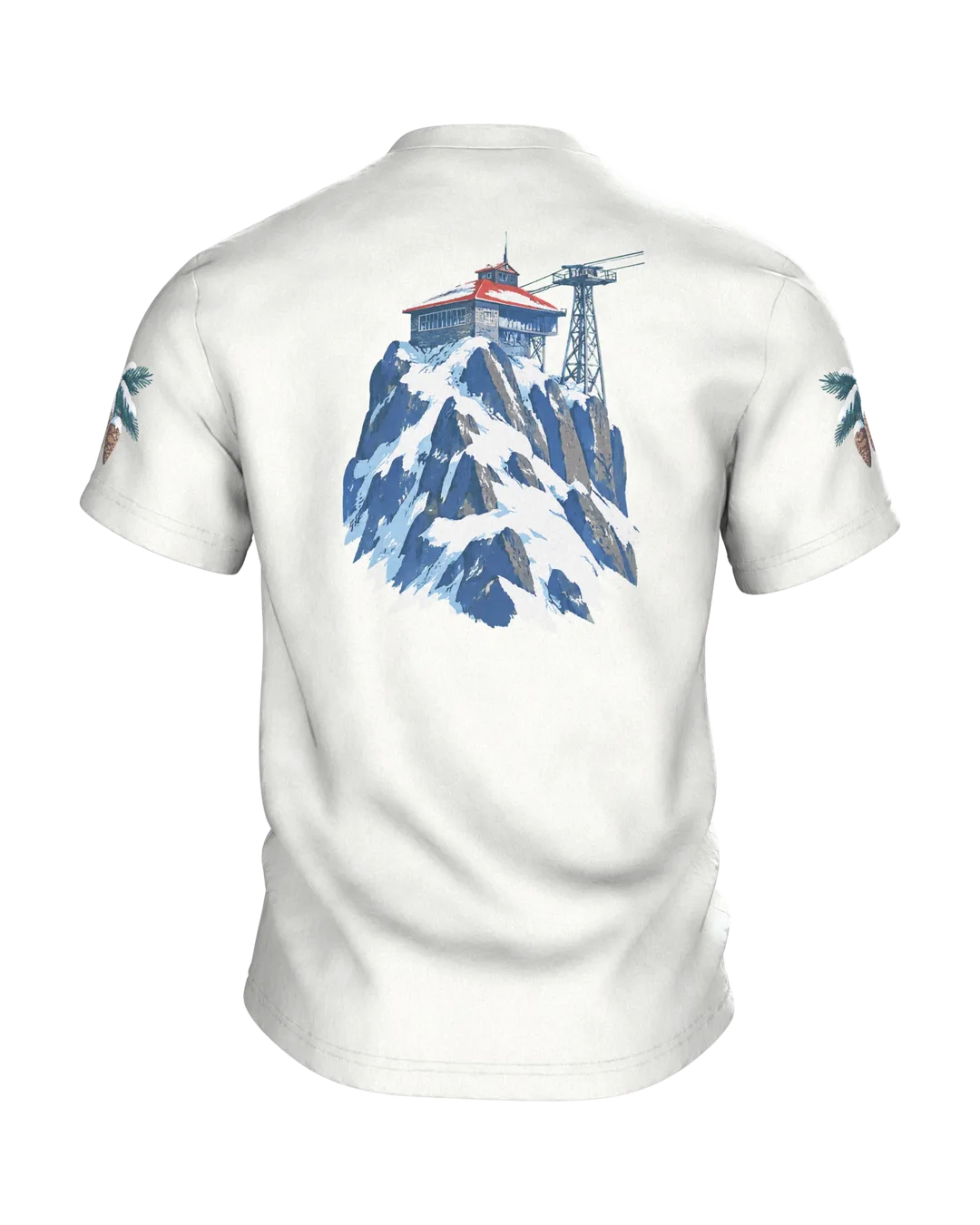 Seilbahn T-Shirt: Rote Gondel vor Schneegipfeln, Rückseite