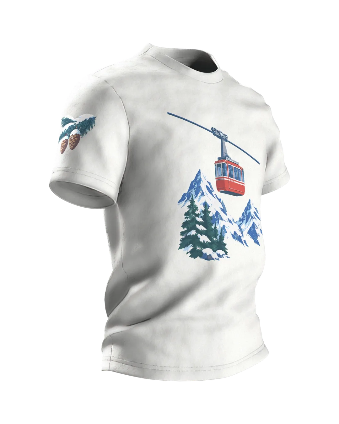 Seilbahn T-Shirt: Rote Gondel vor Schneegipfeln, Seitenansicht links