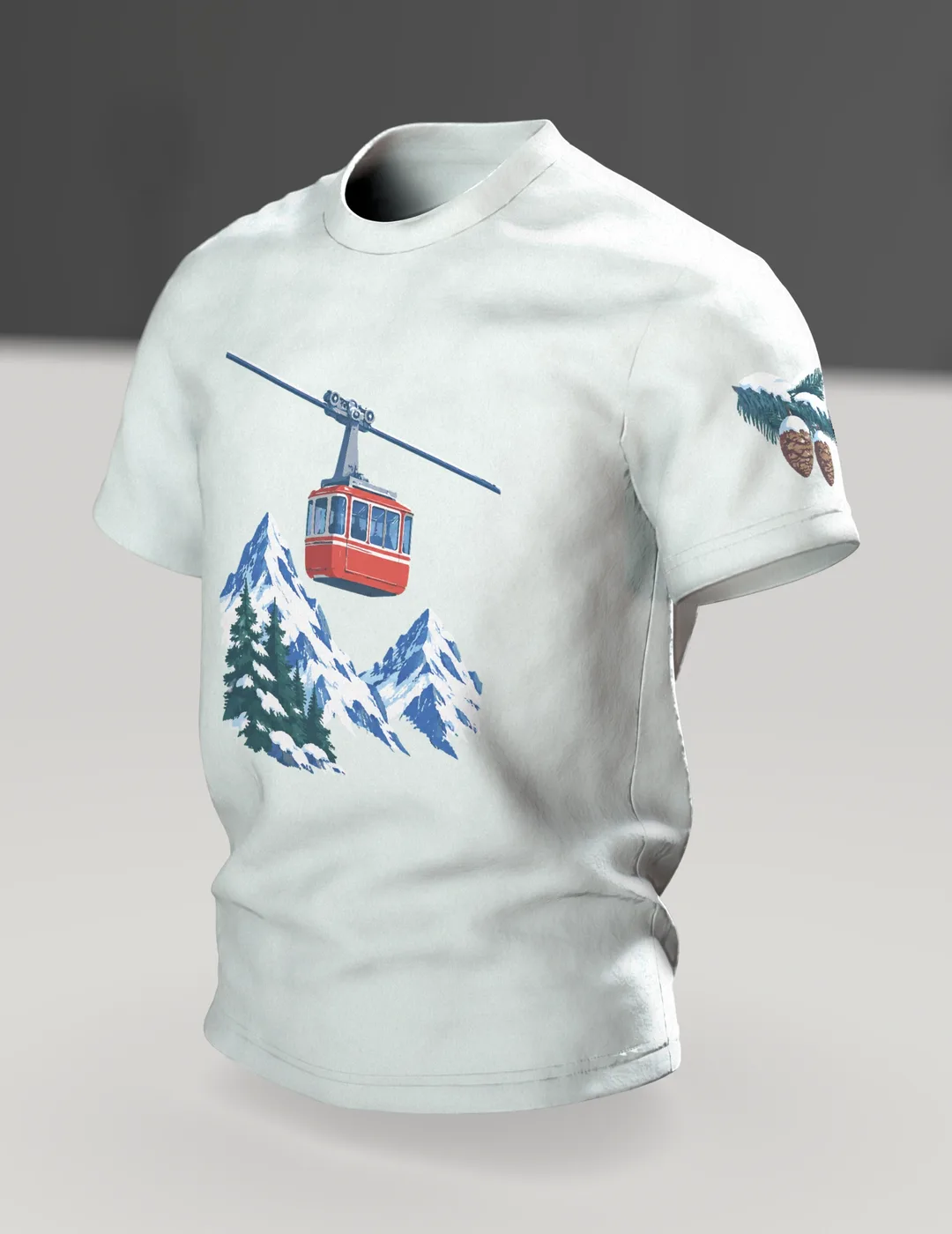 Seilbahn T-Shirt: Rote Gondel vor Schneegipfeln, Im Raum, schräg