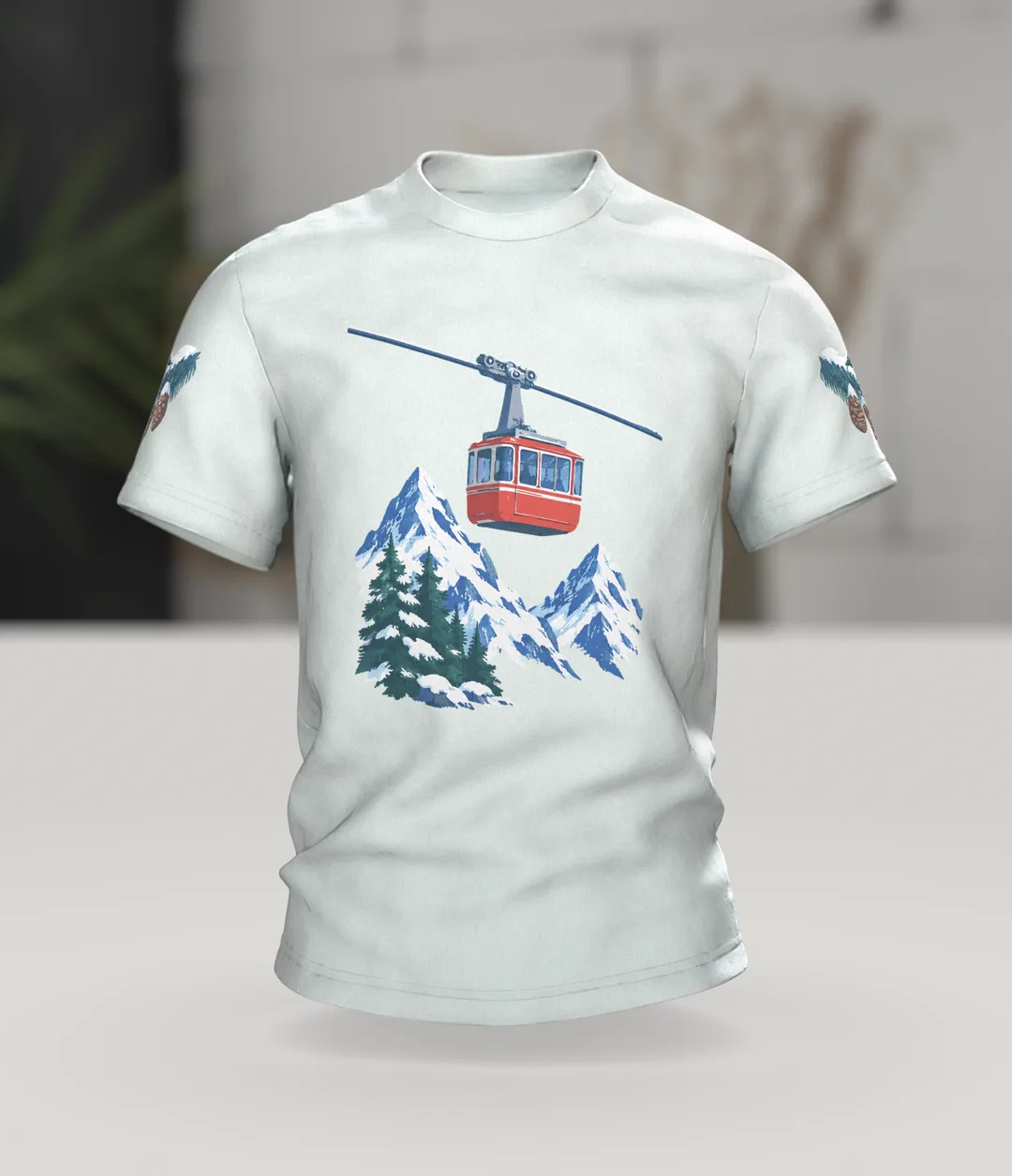 Seilbahn T-Shirt: Rote Gondel vor Schneegipfeln, Im Raum