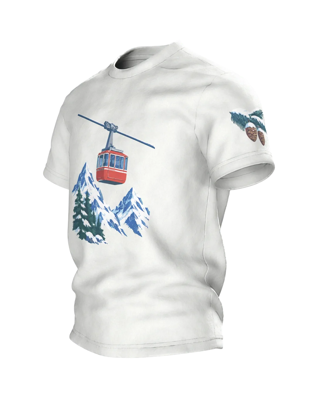 Seilbahn T-Shirt: Rote Gondel vor Schneegipfeln, Seitenansicht rechts