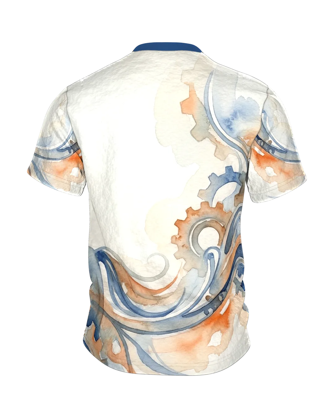 Mechanisches Pferd T-Shirt: Uhrwerk und Aquarell in Blau und Rost, Rückseite