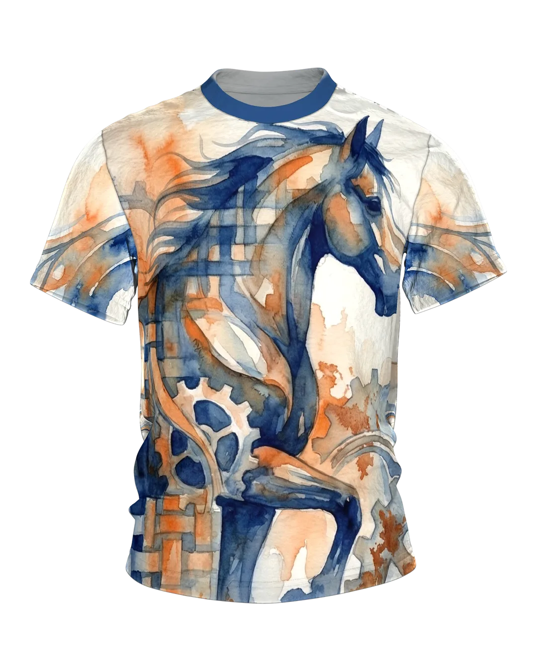 Mechanical Horse T-shirt: Clockwork and Watercolor in Blue and Rust