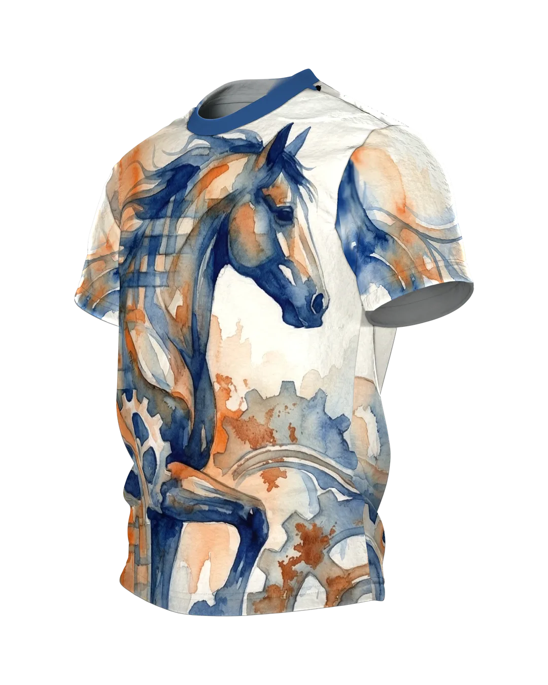 Mechanisches Pferd T-Shirt: Uhrwerk und Aquarell in Blau und Rost, Seitenansicht rechts
