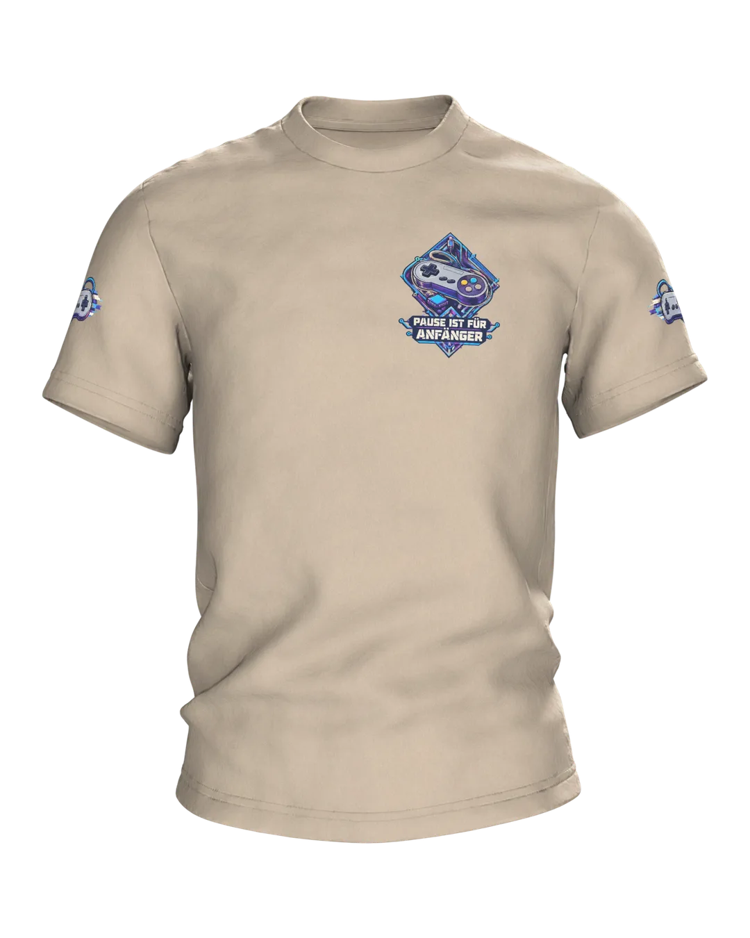 Gaming Controller Shirt “PAUSE IST FÜR ANFÄNGER” with Neon Retro Gamepad, Chest Badge and Large Back Print for Gamers