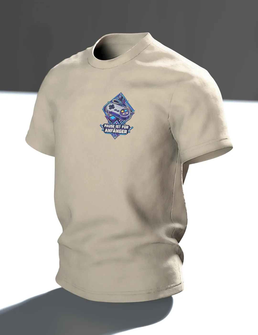 Gaming Controller Shirt “PAUSE IST FÜR ANFÄNGER” with Neon Retro Gamepad, Chest Badge and Large Back Print for Gamers, In context, angled