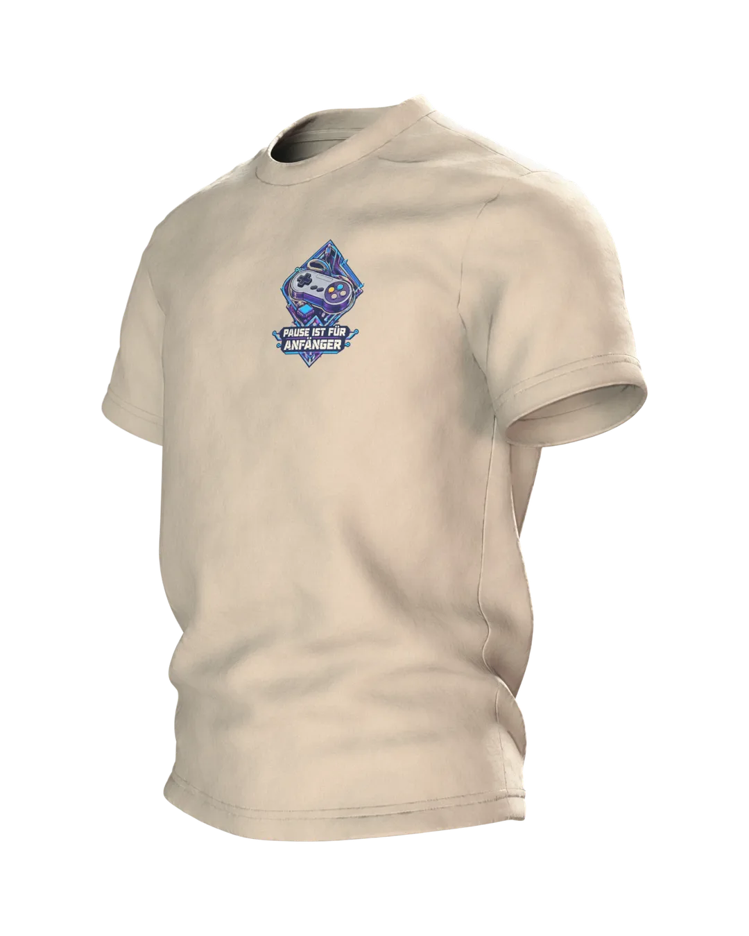 Gaming Controller Shirt “PAUSE IST FÜR ANFÄNGER” with Neon Retro Gamepad, Chest Badge and Large Back Print for Gamers, Side view, right