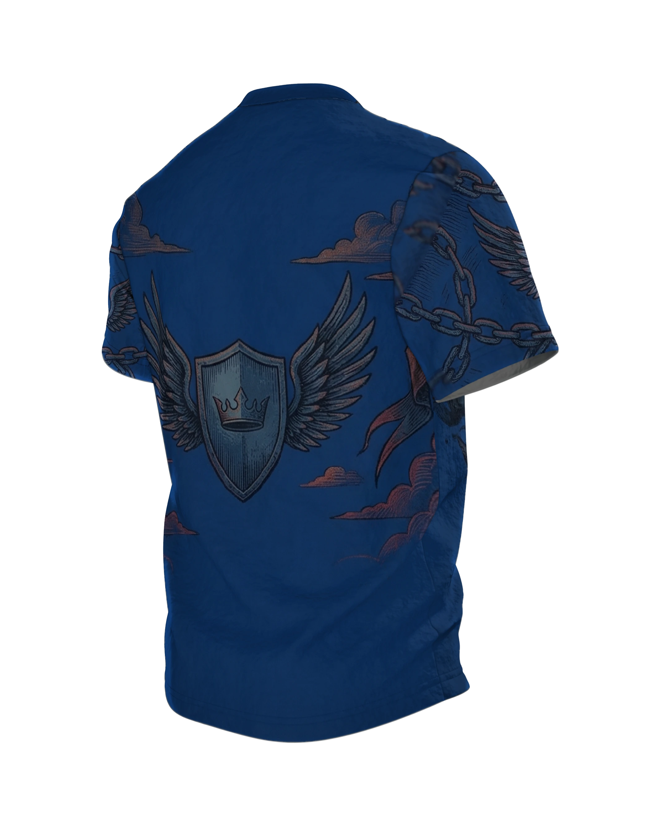 Kreuzritter Krone T-Shirt, brennender Helm mit gestürzten Türmen vorn, geflügeltes Schild-Emblem am Rücken, Rückseite schräg links