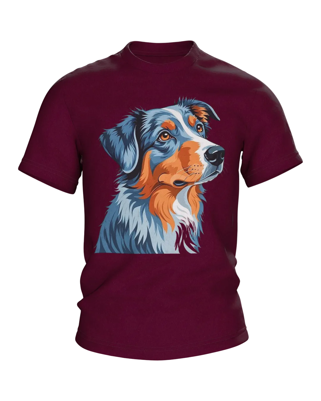 Australian Shepherd T-shirt with Two Print-Art Portraits, Alert Gaze on the Front, Quiet Gaze on the Back