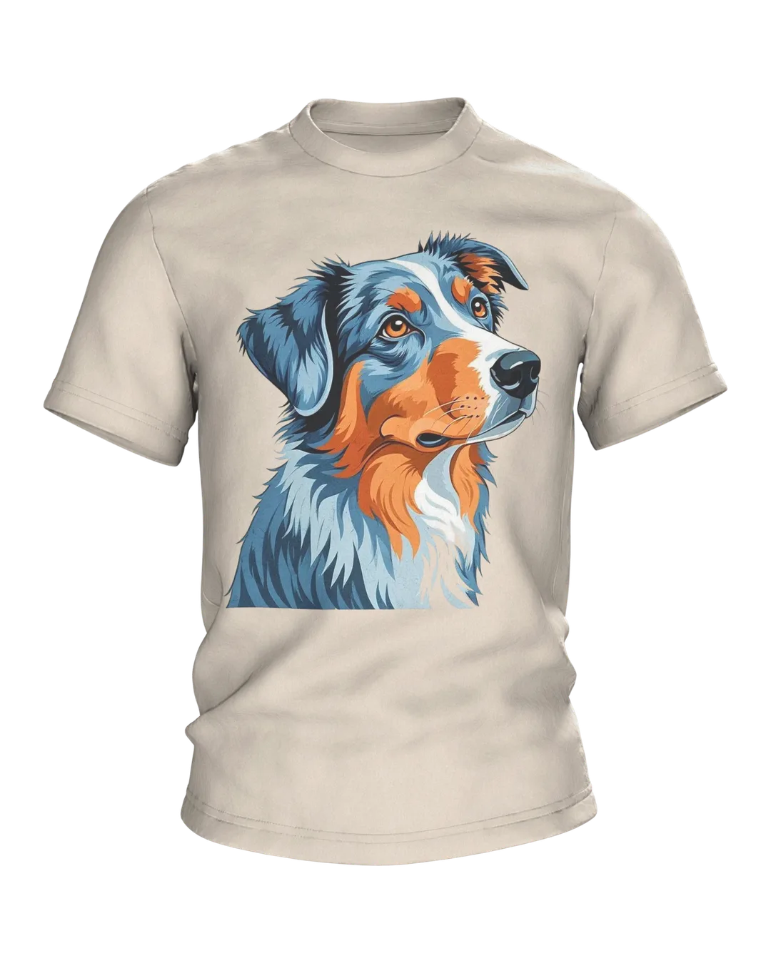 Australian Shepherd T-shirt with Two Print-Art Portraits, Alert Gaze on the Front, Quiet Gaze on the Back