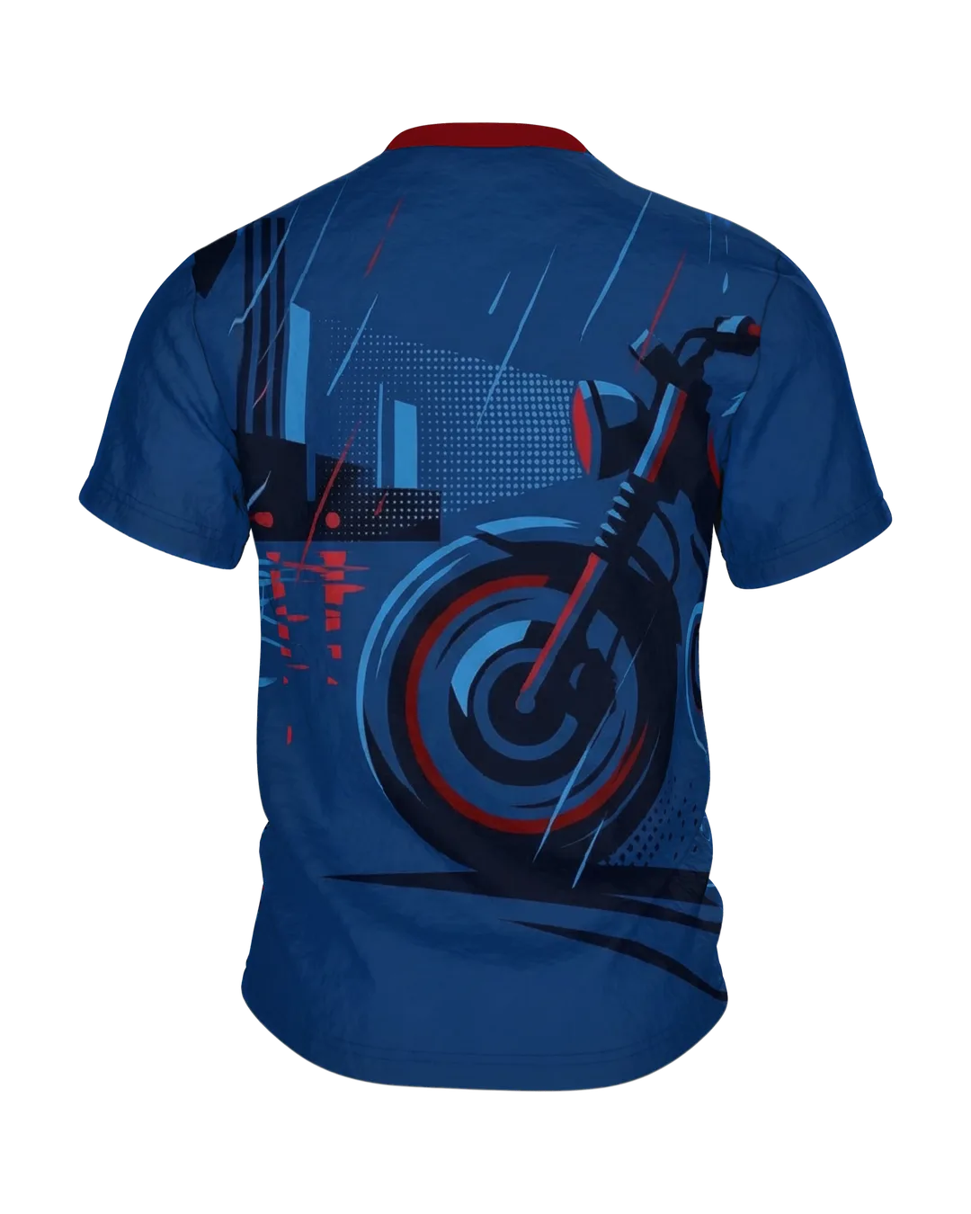 Night Rider T-Shirt, Motorradfahrer bei Nacht in Blau und Rot vorn, geparktes Motorrad in der Regenstadt am Rücken, Rückseite